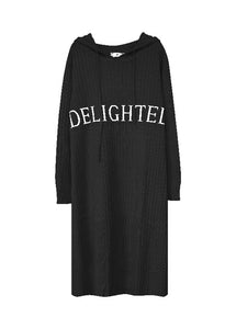 French Black Hooded Letter Print Knit Long Dress Fall