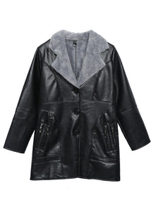 French Black Lapel Warm Fleece Faux Leather Jacket Winter