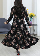 Load image into Gallery viewer, French Black O Neck Print Pockets Cotton Long Dress Long Sleeve