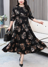 Load image into Gallery viewer, French Black O Neck Print Pockets Cotton Long Dress Long Sleeve