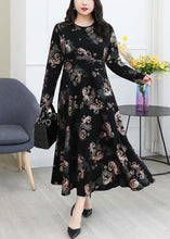 Load image into Gallery viewer, French Black O Neck Print Pockets Cotton Long Dress Long Sleeve