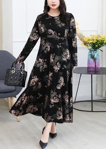 French Black O Neck Print Pockets Cotton Long Dress Long Sleeve