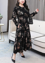 Load image into Gallery viewer, French Black O Neck Print Pockets Cotton Long Dress Long Sleeve