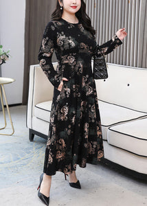 French Black O Neck Print Pockets Cotton Long Dress Long Sleeve