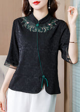 Load image into Gallery viewer, French Black Stand Collar Embroideried Patchwork Silk Shirt Tops Half Sleeve