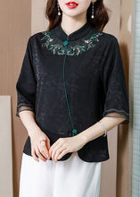 Load image into Gallery viewer, French Black Stand Collar Embroideried Patchwork Silk Shirt Tops Half Sleeve