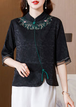 Load image into Gallery viewer, French Black Stand Collar Embroideried Patchwork Silk Shirt Tops Half Sleeve