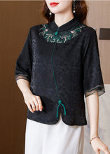 Load image into Gallery viewer, French Black Stand Collar Embroideried Patchwork Silk Shirt Tops Half Sleeve