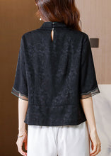 Load image into Gallery viewer, French Black Stand Collar Embroideried Patchwork Silk Shirt Tops Half Sleeve