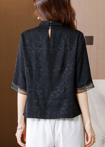 French Black Stand Collar Embroideried Patchwork Silk Shirt Tops Half Sleeve