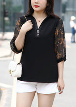 Load image into Gallery viewer, French Black V Neck Print Tulle Patchwork Cotton Shirt Bracelet Sleeve