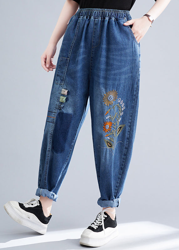 French Blue Embroideried Patchwork Denim Harem Pants Summer