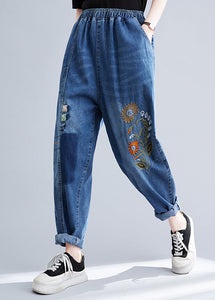 French Blue Embroideried Patchwork Denim Harem Pants Summer