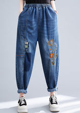 Load image into Gallery viewer, French Blue Embroideried Patchwork Denim Harem Pants Summer