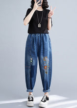 Load image into Gallery viewer, French Blue Embroideried Patchwork Denim Harem Pants Summer