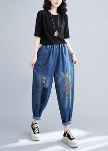 French Blue Embroideried Patchwork Denim Harem Pants Summer