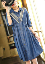 Load image into Gallery viewer, French Blue Embroideried Patchwork Lace Denim Dress Summer