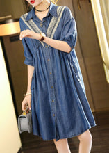 Load image into Gallery viewer, French Blue Embroideried Patchwork Lace Denim Dress Summer