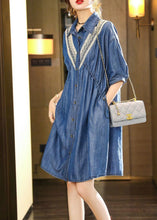 Load image into Gallery viewer, French Blue Embroideried Patchwork Lace Denim Dress Summer