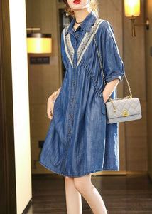 French Blue Embroideried Patchwork Lace Denim Dress Summer