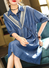 Load image into Gallery viewer, French Blue Embroideried Patchwork Lace Denim Dress Summer