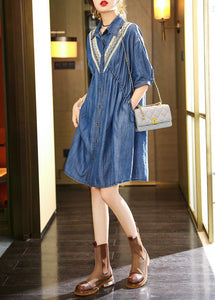 French Blue Embroideried Patchwork Lace Denim Dress Summer