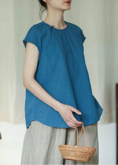 French Blue O Neck Button Patchwork Linen T Shirt Top Short Sleeve