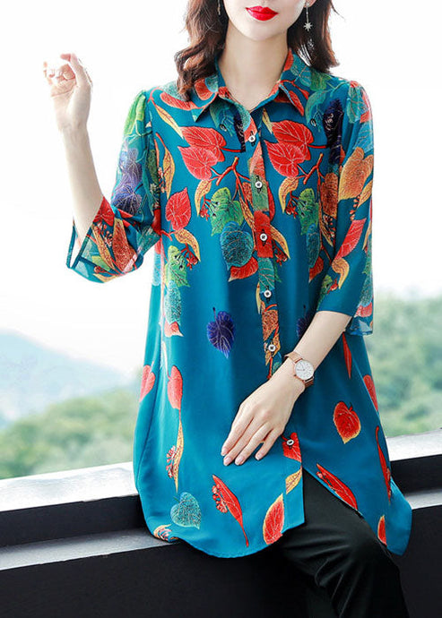 French Blue Peter Pan Collar Leaf Print Draping Chiffon Long Shirt Half Sleeve