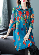 Load image into Gallery viewer, French Blue Peter Pan Collar Leaf Print Draping Chiffon Long Shirt Half Sleeve