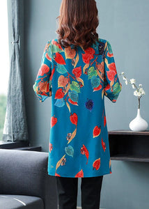 French Blue Peter Pan Collar Leaf Print Draping Chiffon Long Shirt Half Sleeve