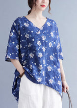 Load image into Gallery viewer, French Blue V Neck Print asymmetrical design Fall Half Sleeve Shirt Top