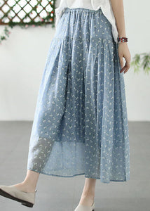 French Blue Wrinkled Print Elastic Waist Patchwork Cotton Skirt Summer