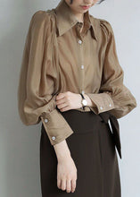 Load image into Gallery viewer, French Coffee Peter Pan Collar Patchwork Silk Shirt Puff Sleeve