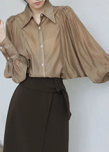 Load image into Gallery viewer, French Coffee Peter Pan Collar Patchwork Silk Shirt Puff Sleeve