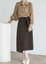 Load image into Gallery viewer, French Coffee Peter Pan Collar Patchwork Silk Shirt Puff Sleeve