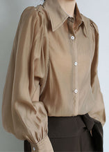 Load image into Gallery viewer, French Coffee Peter Pan Collar Patchwork Silk Shirt Puff Sleeve