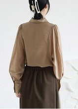 Load image into Gallery viewer, French Coffee Peter Pan Collar Patchwork Silk Shirt Puff Sleeve