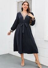 Load image into Gallery viewer, French Dark Blue V Neck Lace Tie Waist Patchwork Cotton Dresses Fall