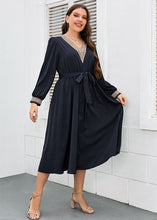 Load image into Gallery viewer, French Dark Blue V Neck Lace Tie Waist Patchwork Cotton Dresses Fall