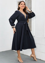 Load image into Gallery viewer, French Dark Blue V Neck Lace Tie Waist Patchwork Cotton Dresses Fall