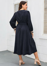 Load image into Gallery viewer, French Dark Blue V Neck Lace Tie Waist Patchwork Cotton Dresses Fall