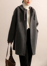 Load image into Gallery viewer, French Dark Gray Drawstring Button Hoodie Wool Blend Coat Long Sleeve