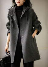 Load image into Gallery viewer, French Dark Gray Drawstring Button Hoodie Wool Blend Coat Long Sleeve