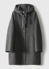 Load image into Gallery viewer, French Dark Gray Drawstring Button Hoodie Wool Blend Coat Long Sleeve