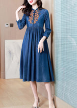 Load image into Gallery viewer, French Denim Blue V Neck Embroideried Patchwork Elastic Waist Cotton Long Dresses Spring