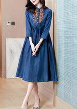 Load image into Gallery viewer, French Denim Blue V Neck Embroideried Patchwork Elastic Waist Cotton Long Dresses Spring