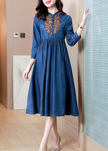 French Denim Blue V Neck Embroideried Patchwork Elastic Waist Cotton Long Dresses Spring