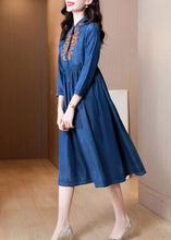 Load image into Gallery viewer, French Denim Blue V Neck Embroideried Patchwork Elastic Waist Cotton Long Dresses Spring