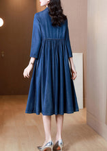 Load image into Gallery viewer, French Denim Blue V Neck Embroideried Patchwork Elastic Waist Cotton Long Dresses Spring