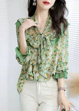 Load image into Gallery viewer, French Green Bow Collar Patchwork Ruffles Print Chiffon Shirts Spring